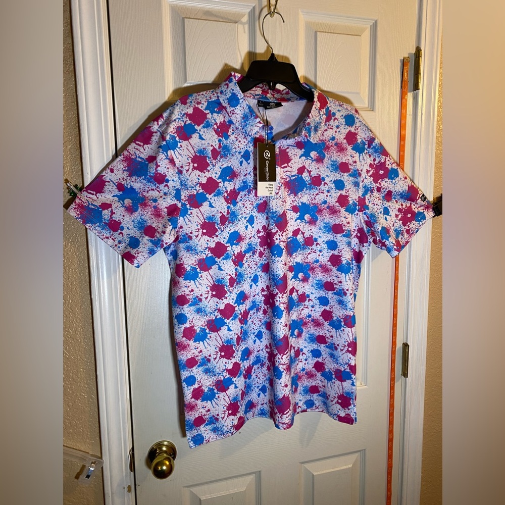 GreenSide Golf Men Sz L Polo Shirt (Splash Camo Paintball Pink, Blue, White)